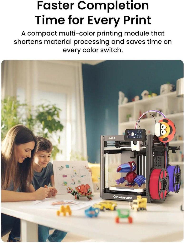 Stampante 3D Flashforge AD5X, Multicolore, Alta Velocità 600 mm/s, Livellamento Completamente Automatico, Estrusore Direct Drive 300°C, Struttura in Metallo Core XY