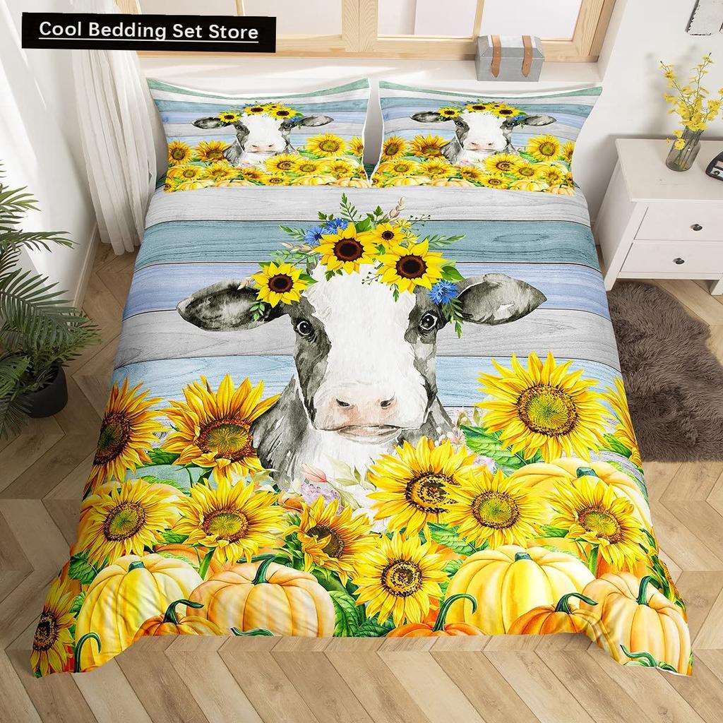 Comforter Cow Herd Pattern King Queen Bedding Set Highland Bull Farm Animal Dairy Cattle Comforter Polyester