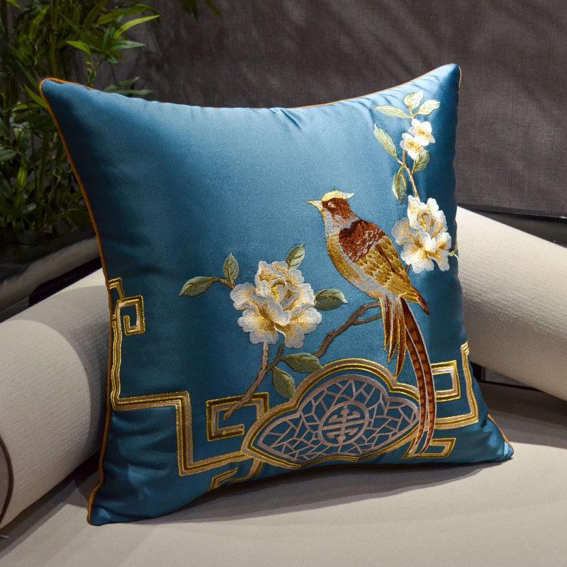 New Chinese-style Throw Pillows with Bird and Flower Embroidery Redwood Sofa Cushion Cover Large Cushion for Living Room Bed