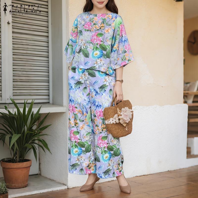 ZANZEA Women 3/4 Sleeve Blouse and Pants Casual Floral Print Two Piece Suit Sets