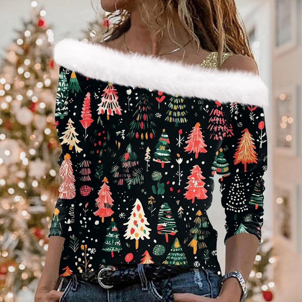 Women's Christmas Snowflake Print Long Sleeve Twill Pullover Collar Top