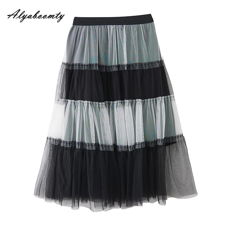 

Плюс размер корейская мода весна лето женская юбка миди с высокой талией черная белая сетчатая юбка в сетку элегантные женственные многослойные юбки с оборками One Size