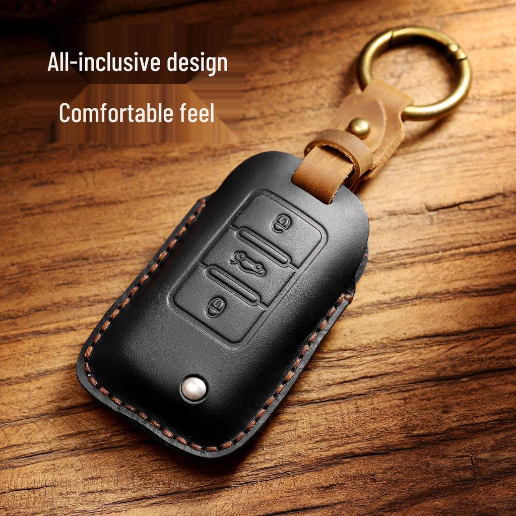 Cowhide Car Key Cover for Volkswagen Golf, Santana, and Bora - Protective Shell Bag