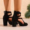 Summer Women's Black Suede Chunky Heel Sandals, Hollow Open-Toe High Heels, Fashionable Roman Style Versatile Women's Shoes for