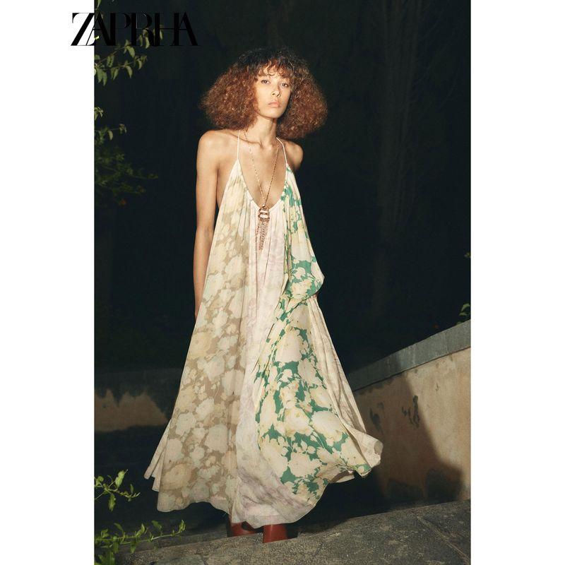Zaprha 2025 Лето Новый Праздничный Стиль Открытая Спина Тонкие Бретели Цветочный Принт Лоскутное Платье 2826127