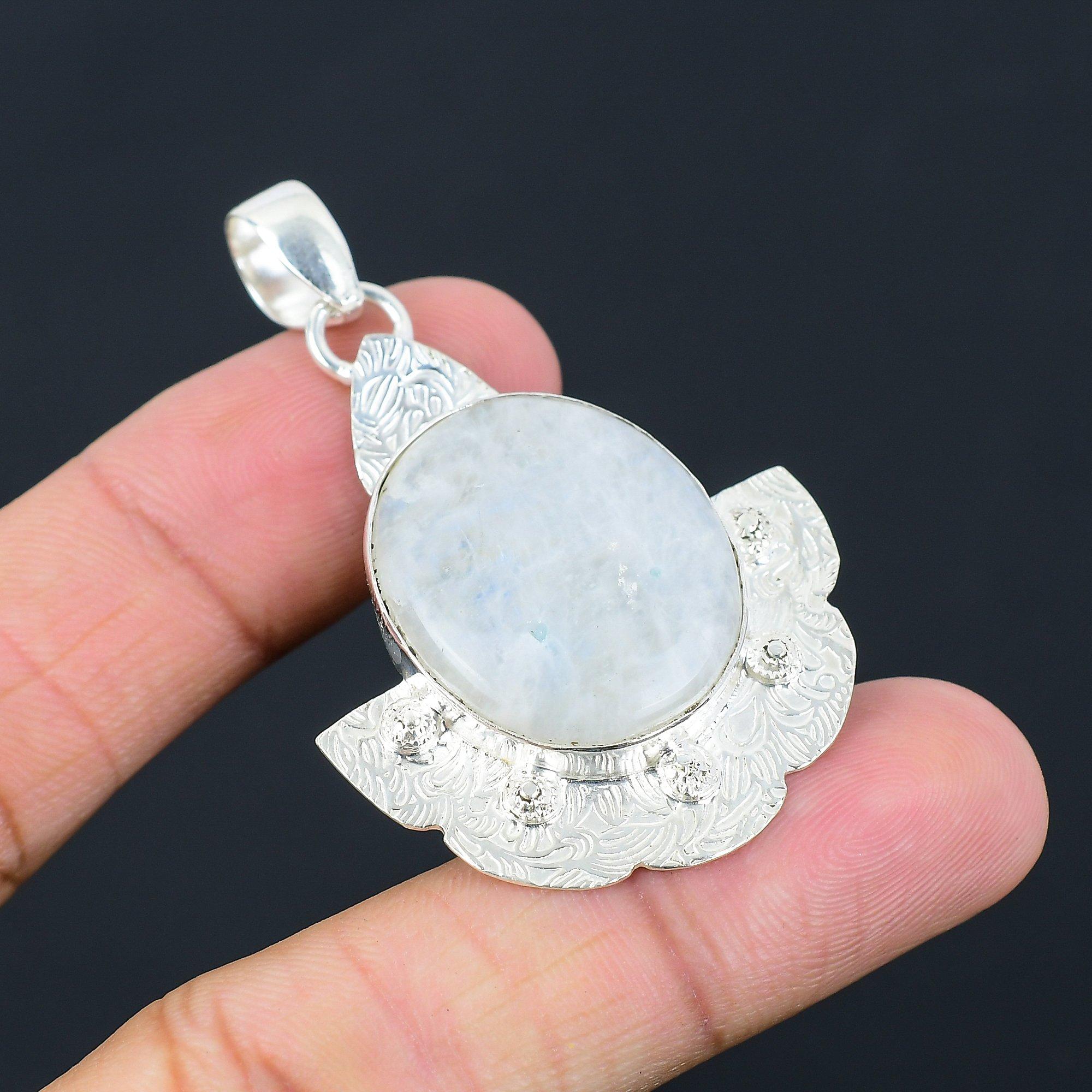 925 Sterling Silver Oval Natural Rainbow Moonstone Engagement Wedding Pendant