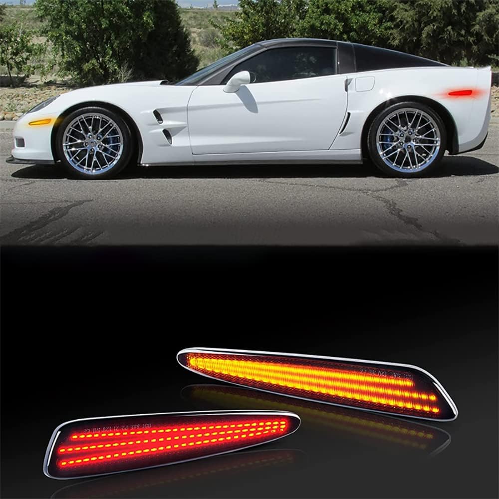 Front Fender Marker Lamps, Red Amber LED Front Bumper Side Marker Lights Smoke Lens, Compatible with Chevy Corvette C6 2005-2013