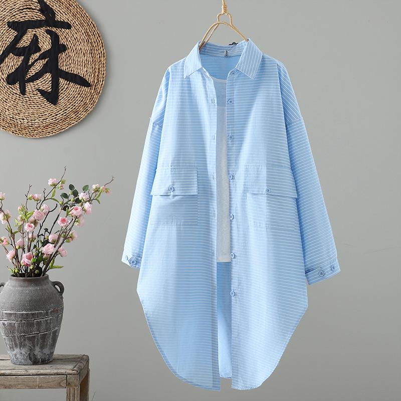 

Spring 2026 Textured Striped Long Sleeve Air Conditioning Shirt with Lapel XXL синий