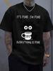 Unisex Oversize Tee It S Fine Cat Coffee Cartoon Graphic Cotton Crew Neck Short Sleeve Casual Daily Street Male Basic Fashion Top