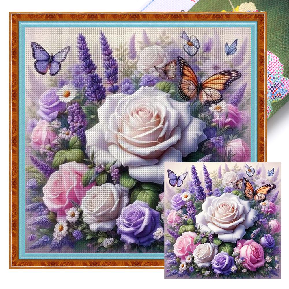 1 Set Full Embroidery Cotton Thread 11CT Printed Fantasy Flowers Cross Stitch Kits DIY Arts Ornament Home Decorations 40x40cm