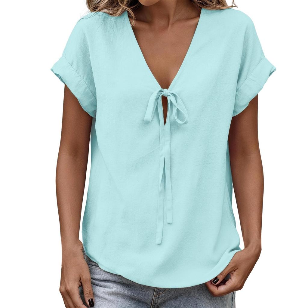 Women's Fashion Casual -Colour V-Neck Tie-Front Short-Sleeved T-Shirt Top