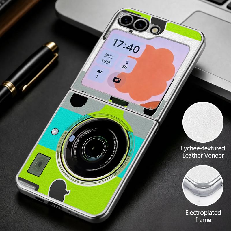Vintage Camera Pattern Case For Samsung Z Flip 8 7 6 5 Hybrid 3in1 Leather Skin Plating Frame Hard Folding Phone Cover For Galaxy Z Flip8 Flip7 Flip6