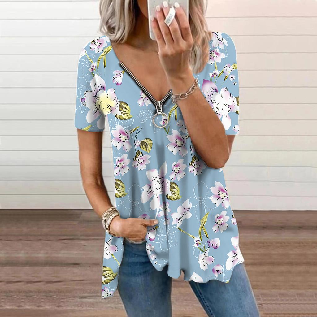 Damen Top Sommer Neue Mode Blau Pfirsichblüte Bedruckt Casual Reißverschluss V-Ausschnitt Kurzarm Top