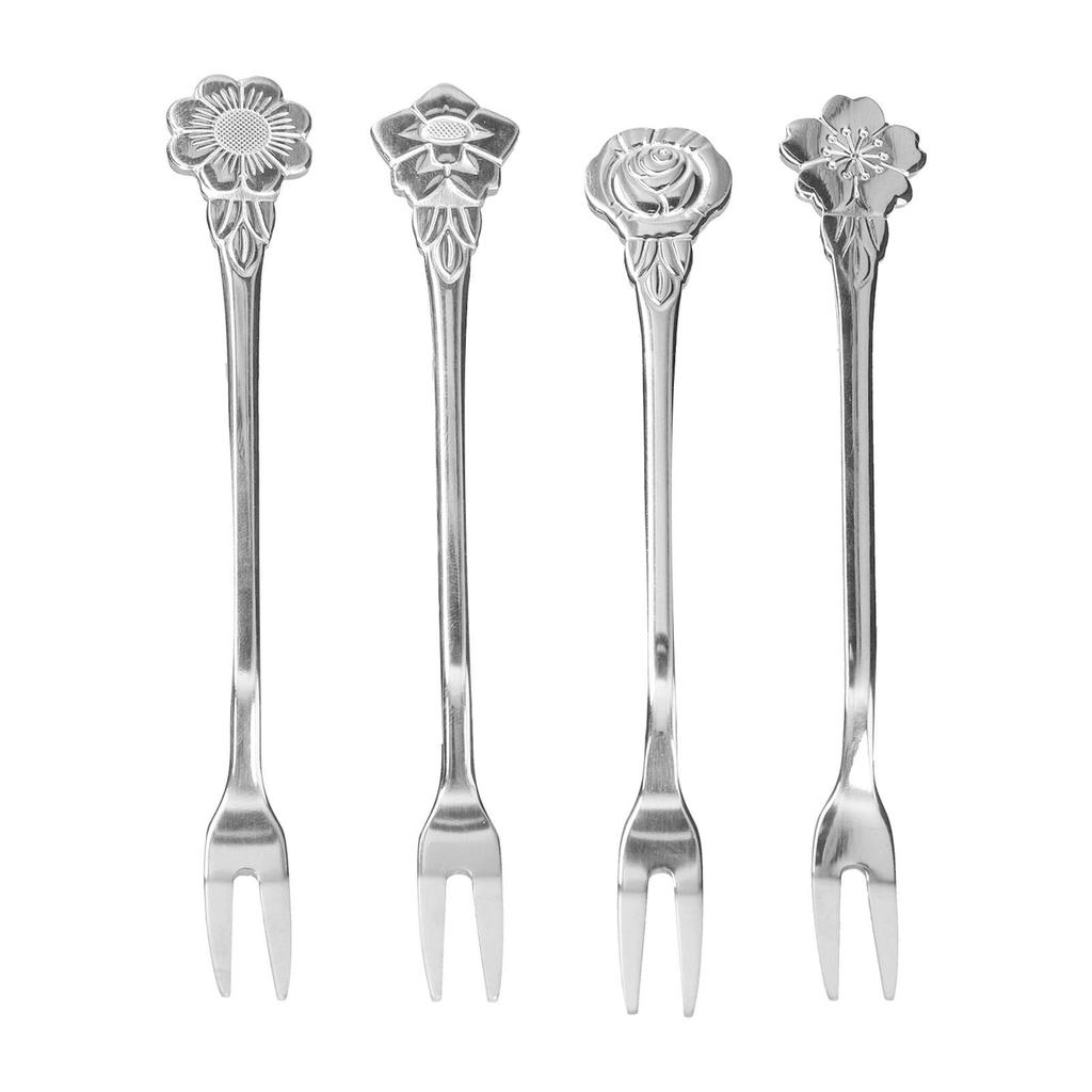 4pcs 2 Prong Fruit Fork Stainless Steel Mini Salad Fruit Dessert Tasting Forks for Home Kitchen PartySilver