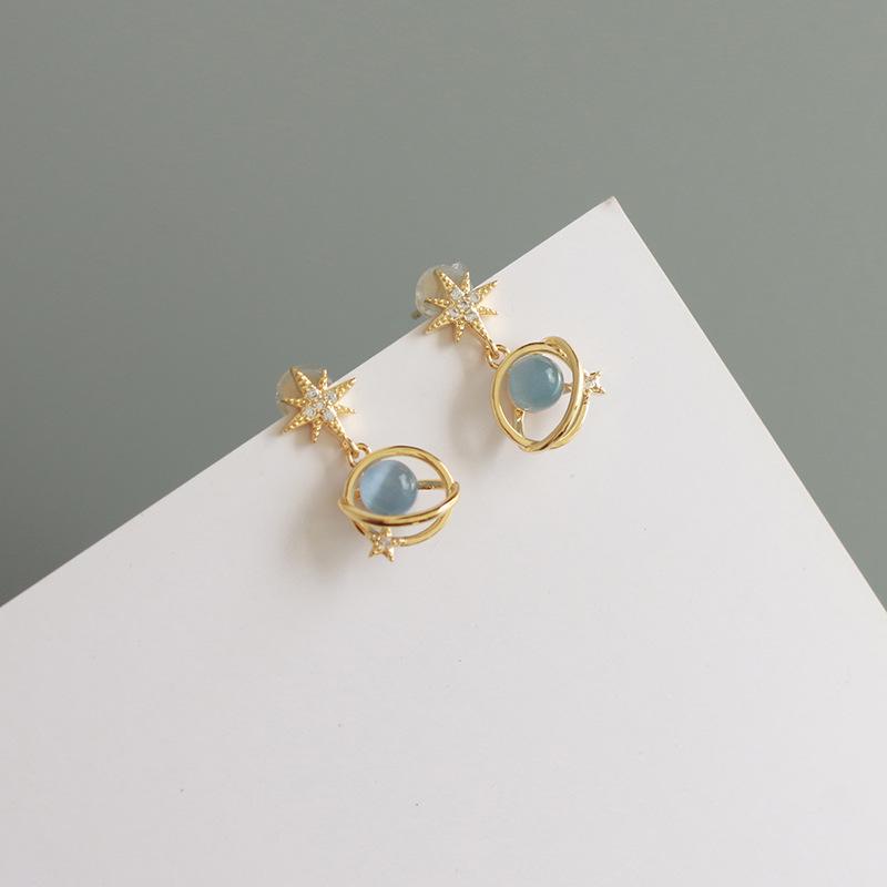 2024 Universe Galaxy Zircon 925 Silver Blue Cat's Eye Stud Earrings for Women