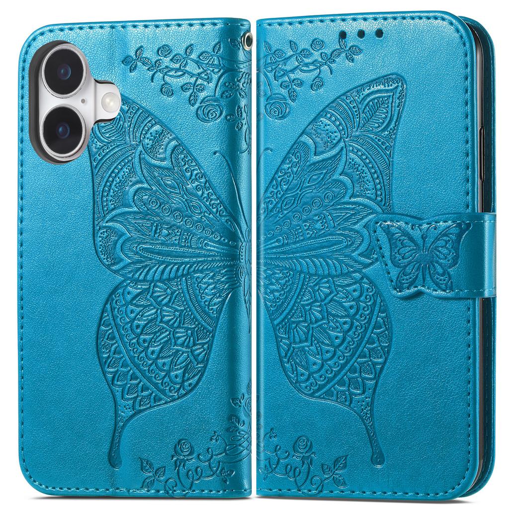 For iPhone 17 Case with Strap Butterfly Pattern PU Leather Wallet Phone Cover