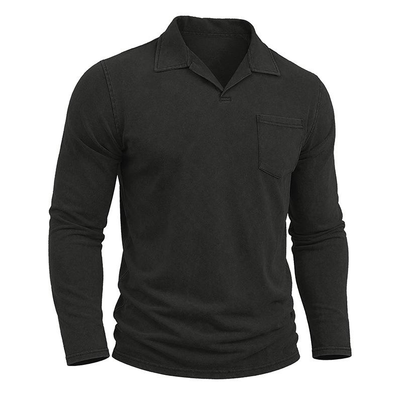 Men Vintage Washed Distressed Long Sleeve Polo Shirt Turn Down Collar Casual Top