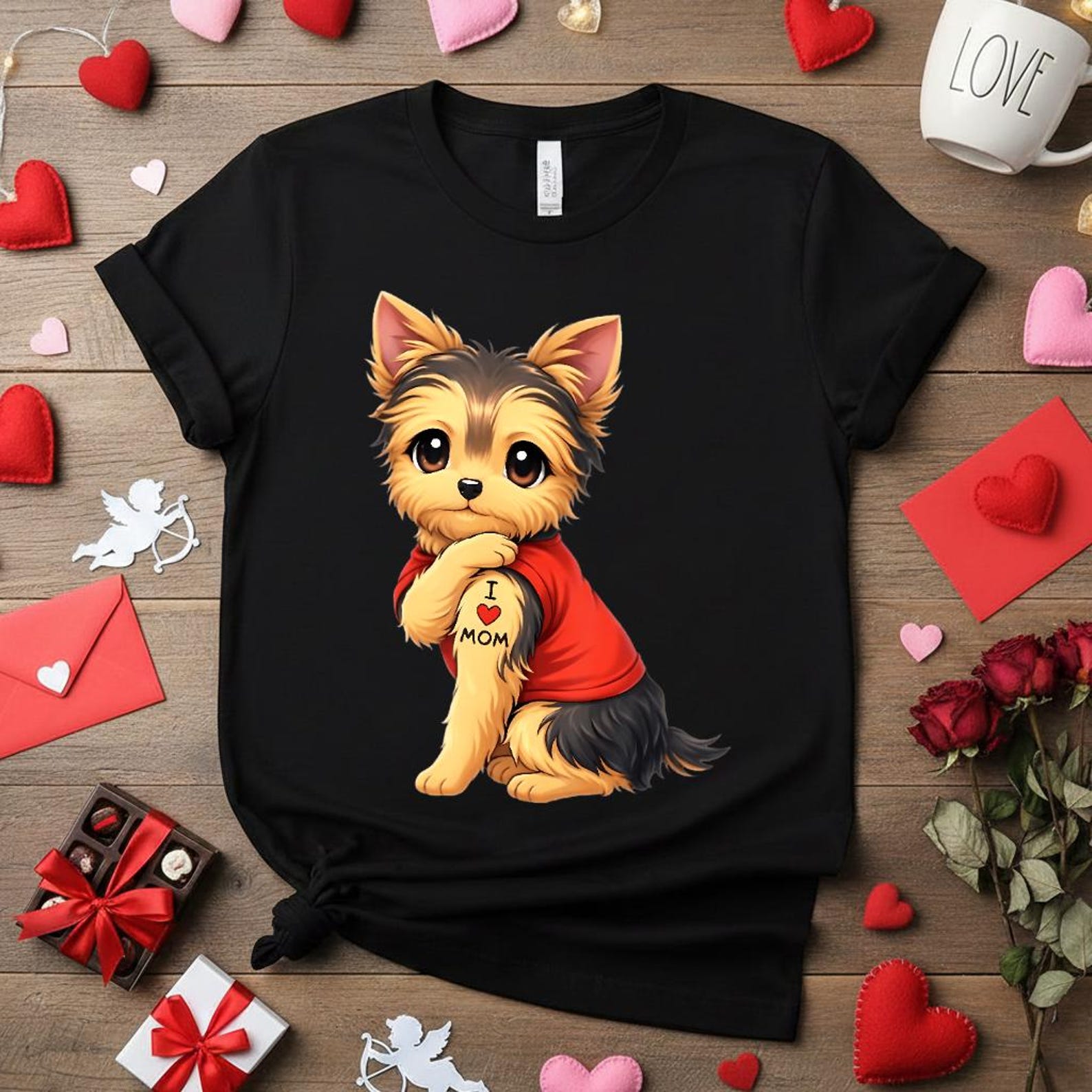 Yorkie I Love Mom Shirt, Cute Yorkshire Terrier Tattoo Tee, Yorkie Mom Gift, Funny Dog Lover T-shirt, Floral Yorkie Mama Top S