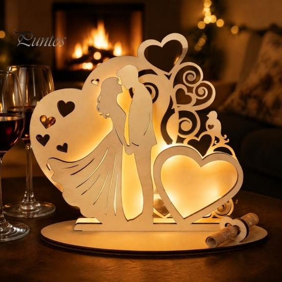 Unique Wedding Sign-in Decor Wooden Couple Ornaments with LED Lights, Romantic Statue Heart Atmosphere Lamp Design, Warm Glow Tabletop Night Light for