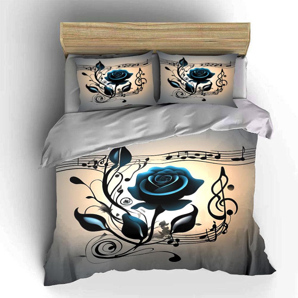 "Blue Rose Musical Art Decor" Soft Skin-Friendly Bedding Set Includes 1 Duvet Cover And 2 Pillowcase Gift