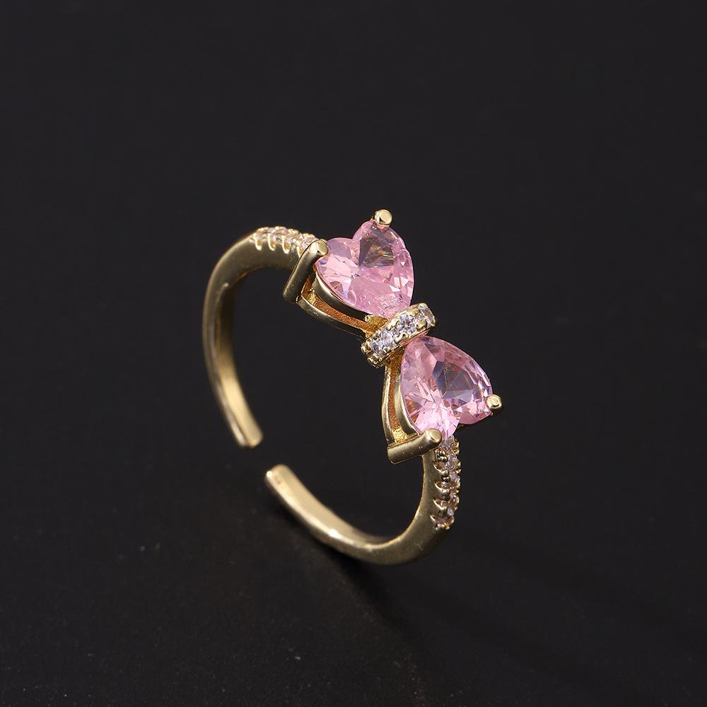 Sweet Bow Zircon Ring Vintage Light Luxury Fashion Pink Open Adjustable Women Jewelry Gift