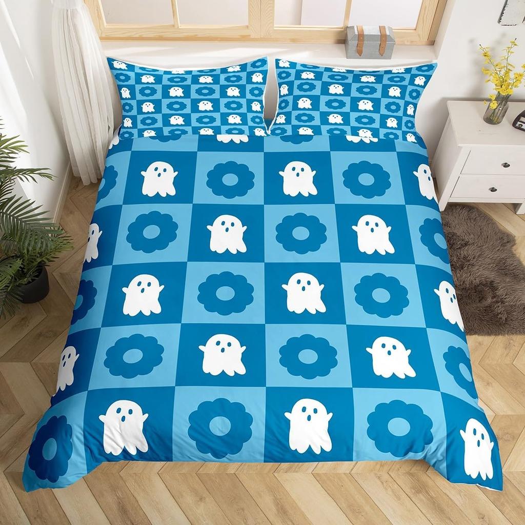 Ghost Duvet Cover Queen King Size Cartoon Cute Ghost Decorative Bedding Set for Kids Girls Teens Happy Halloween 3 Piece Set
