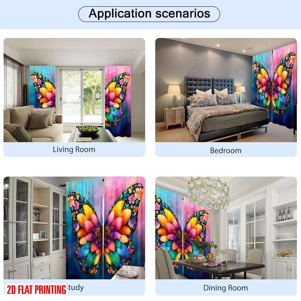 2pcs Colorful Floral Butterfly Printed Curtains, Designed for Light Filtering, Quality Material, Ideal for Boho Home Window Deco
