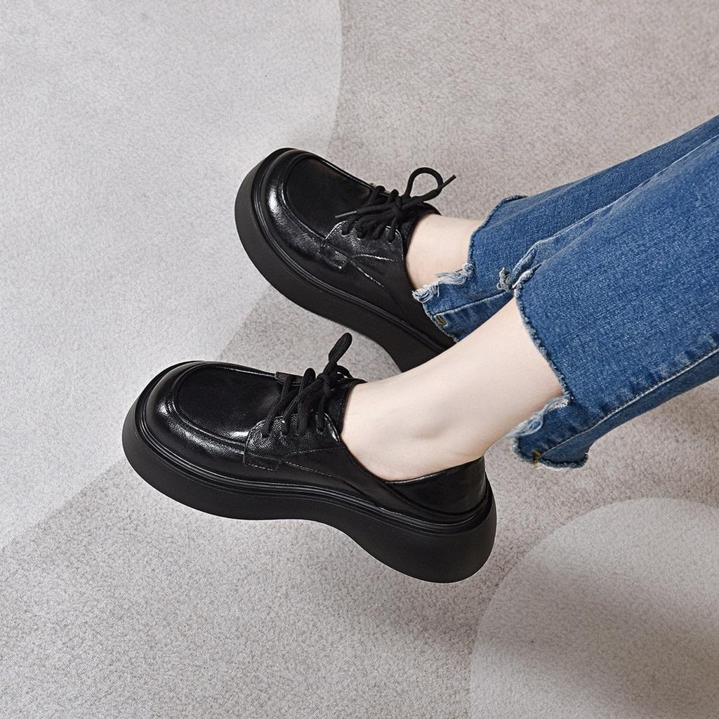 Plateauschuhe Damen 2024 Herbst und Winter neu Koreanische Version Schnürschuhe College-Stil Einzelne Schuhe Zwei Tragemöglichkeiten Slipper Damen Kleinleder