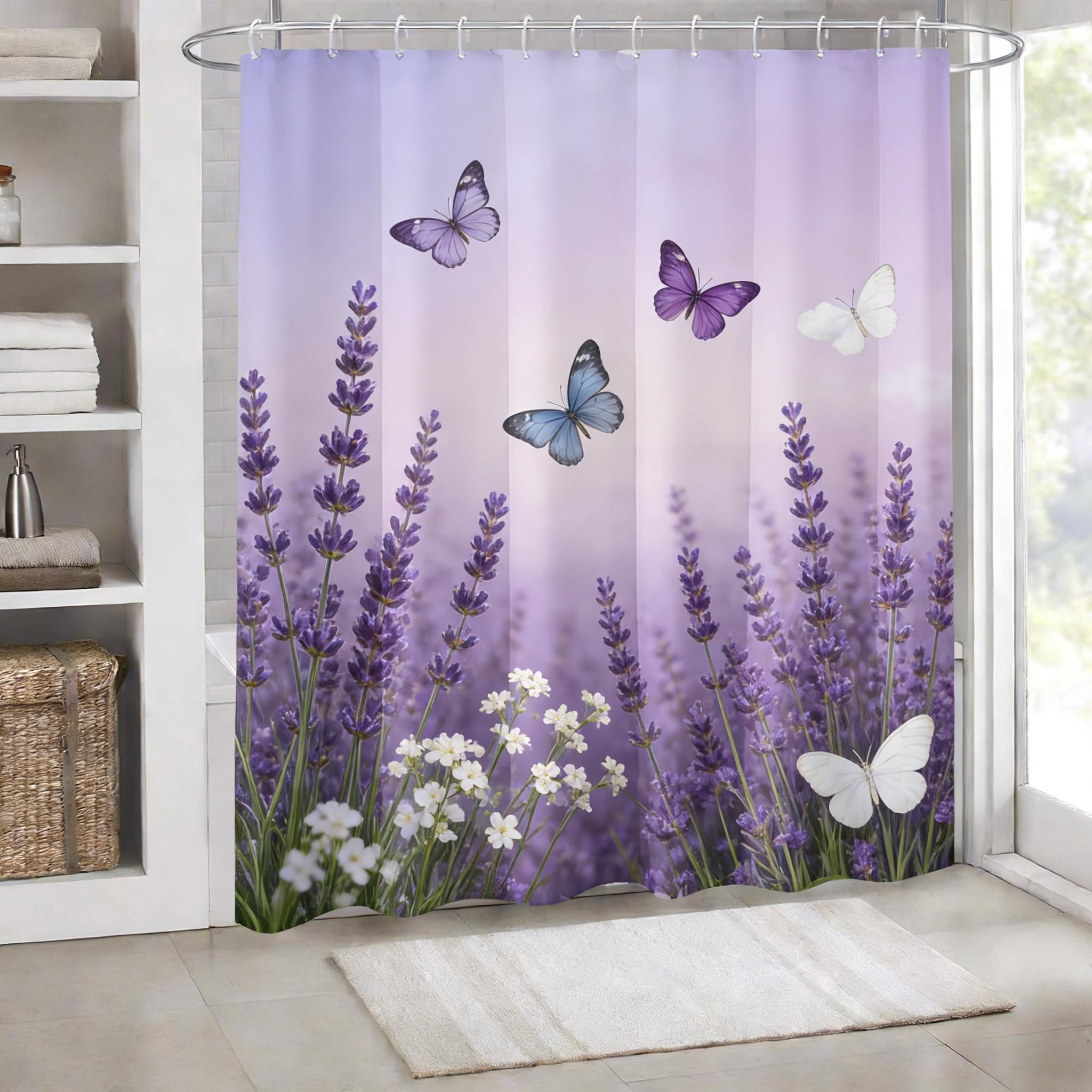 

Lavender & Butterfly Print Waterproof Shower Curtain For Bathroom Decor W60H190(CM)-1 Pcs