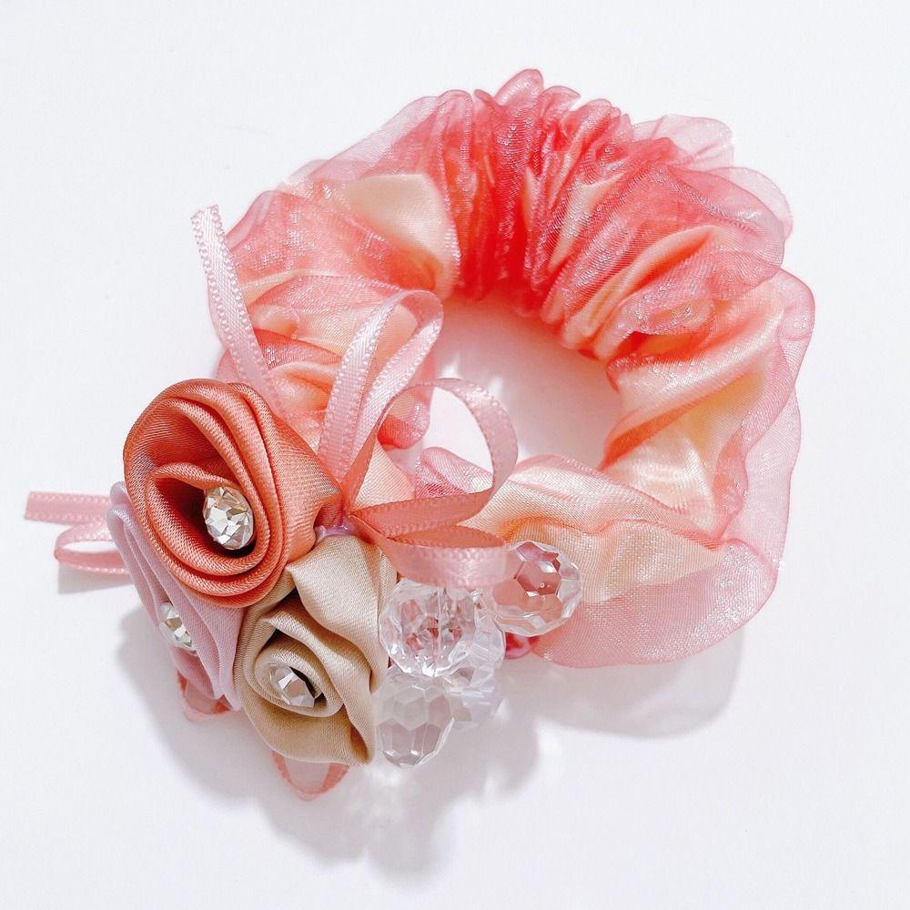 Headwear Beaded Hair Bands Flower Mesh Scrunchies Women Hair Ties Hair Rubber Bands Double Layer