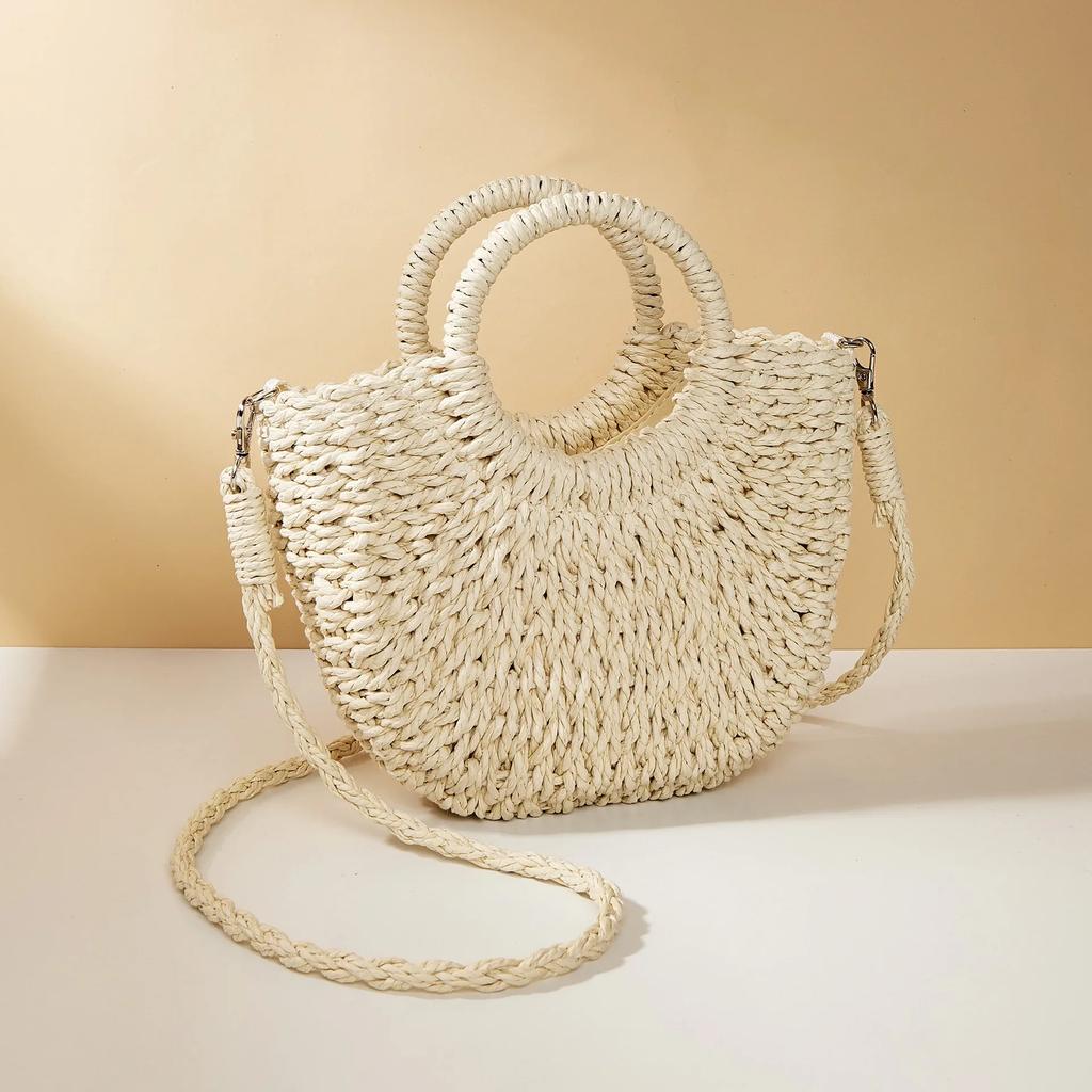 Handwoven Straw Rattan Half-Moon Bag - Women’s Large Capacity Hollow Out Crossbody Beach Shoulder Bag with Half-Round Design