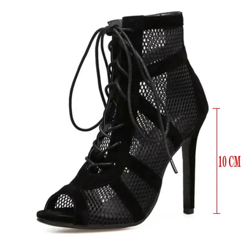 Women's New Black Mesh Shoes Cross Tie Fashionable High Sandals Woman Lace Up Open Toe Sexy Pumps Elegant Casual  High Heels