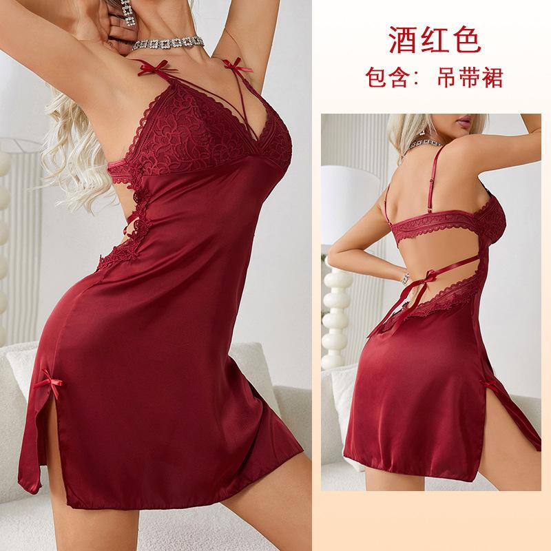Sexy Satin Pajamas Lace Embroidered Suspender Pajamas Women's Clothing