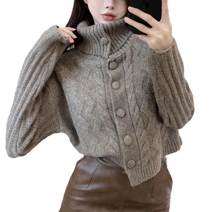 High Neck Sweater Jacket for Women In Autumn and Winter Lazy Design Soft and Loose Short Sleeved Knitted Sweater