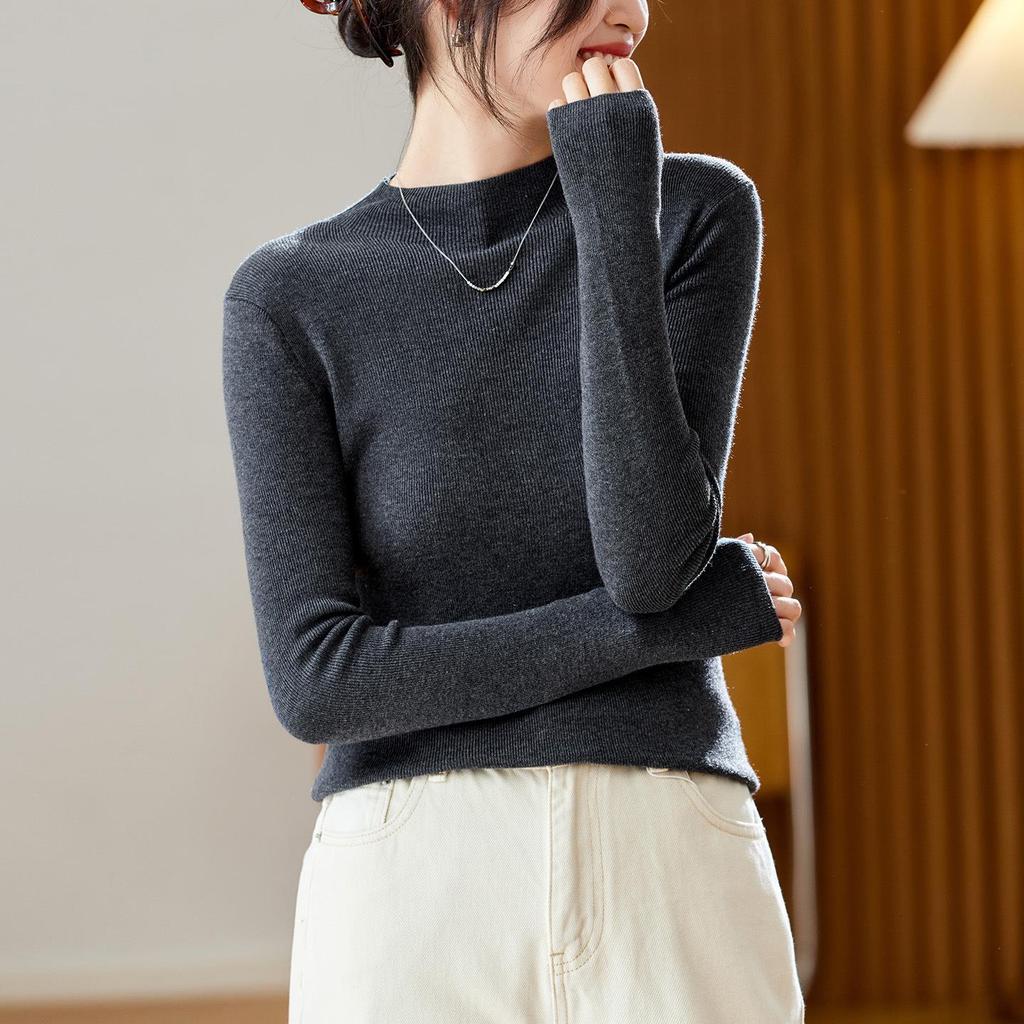 Women's Cotton Cocoon Half-High Collar Knitwear - Slim Fit Solid Color Base Layer Top (Spring/Autumn 2026)