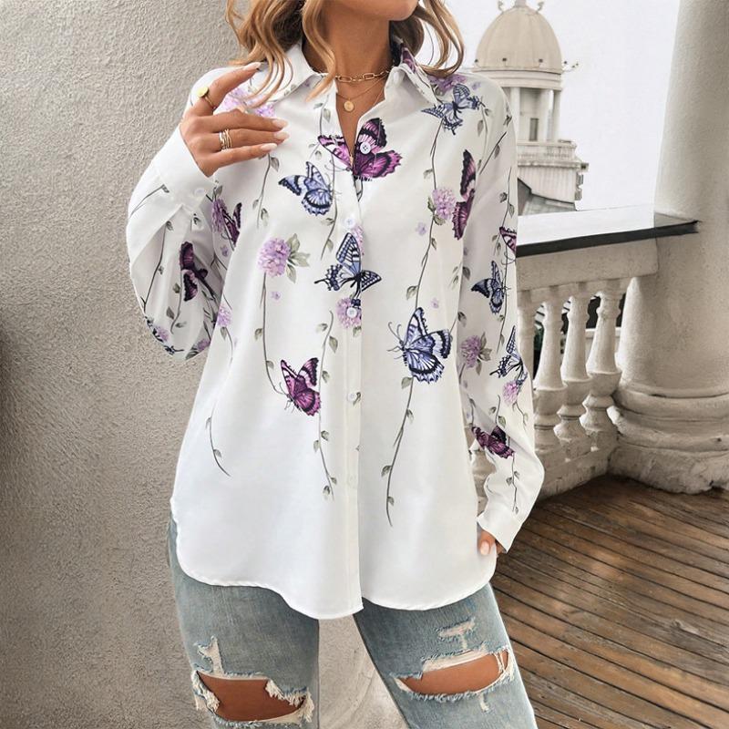 Plus Size Women's Spring Style Printed Cardigan Long Sleeved Shirt