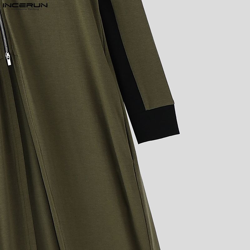 INCERUN Men Stitching Stand Neck Long Sleeve Zip-up High Splits Long Cardigan Coats