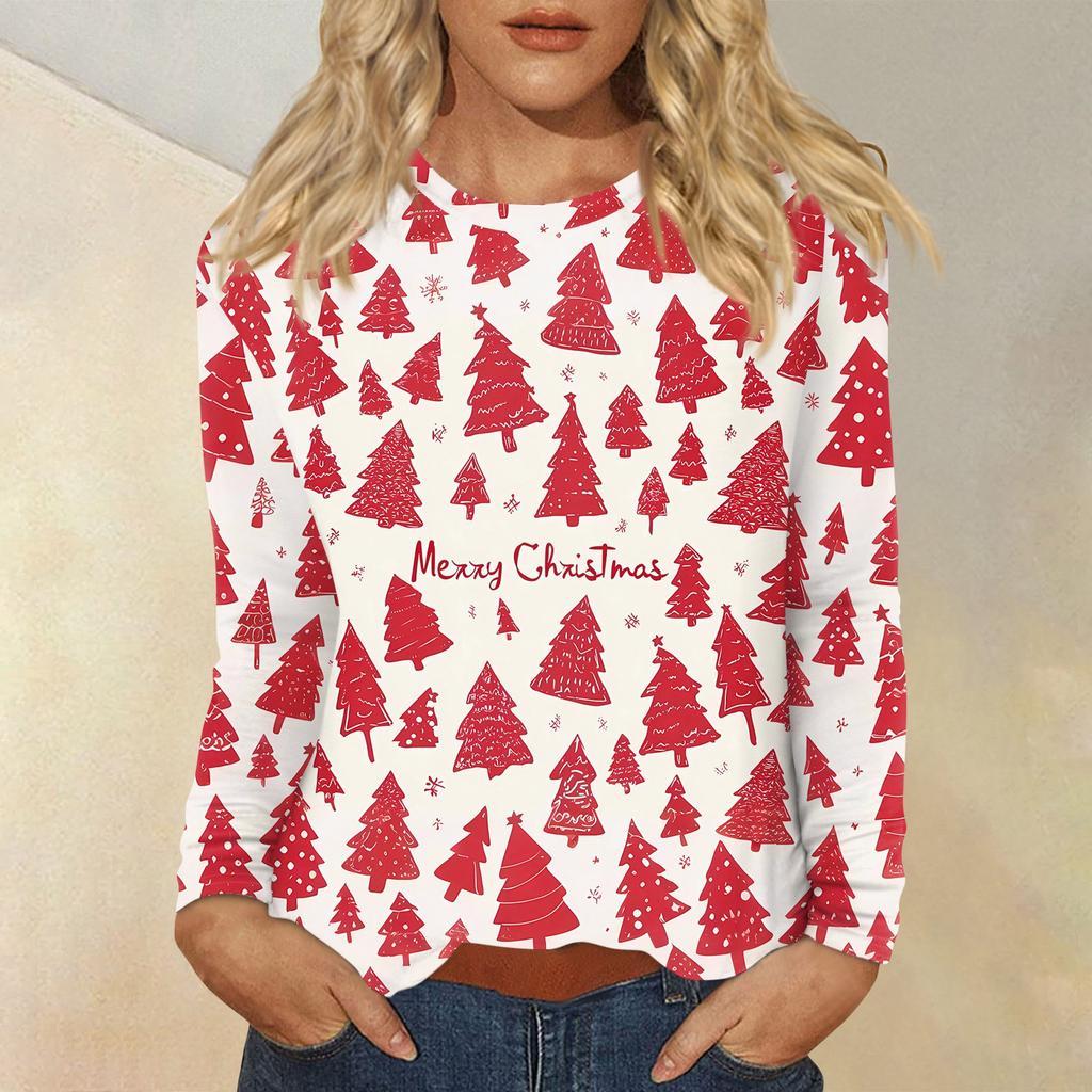 Women's Fashion Casual Christmas Printed Round Neck Long Sleeve Pullover Top