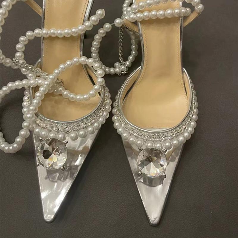 

Fashion Luxury Rhinestones Pearls Women Pumps Fashion Transparent PVC Ankle strap Sexy Party High heels Spring Summer Wedding Prom Shoes 35
