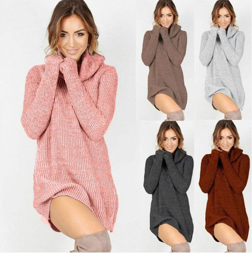 Women Warm Knitted Jumper Mini Dress Ladies High Neck Chunky Winter Sweater Top