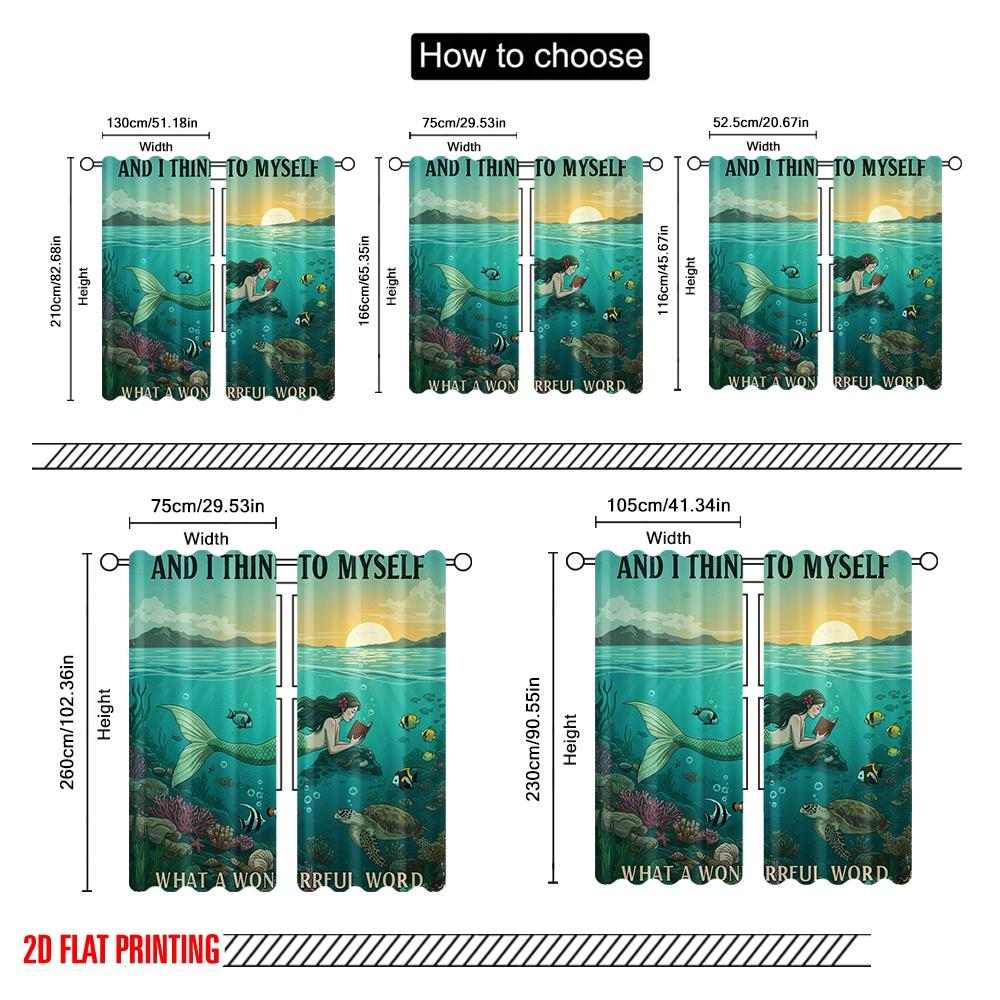 2pcs 2D flat printing Curtain Mermaid Reading Wonderful Ocean Polyester Fabric Without Electricity Festive Holiday Use for