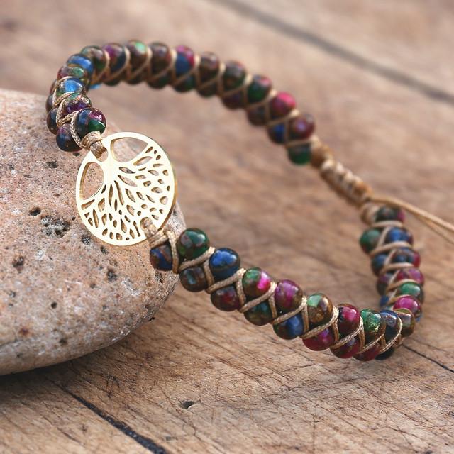 Handmade Natural African Stone Beaded Boho Yoga Wrap Bracelet &Bangle Stainless Steel Tree Of Life Braided Charm Bracelet