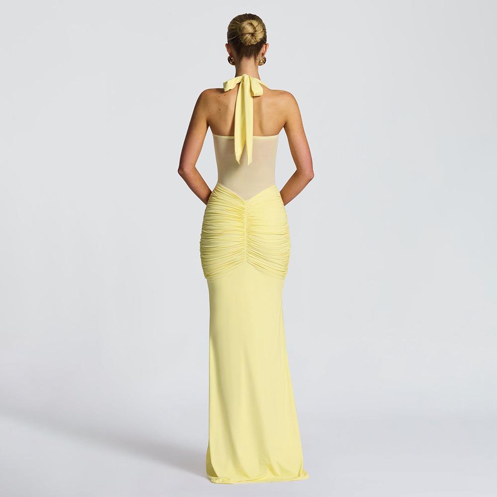 Elegant 2025 Ruched Backless Women's Long Dress with Hip-Wrap Design