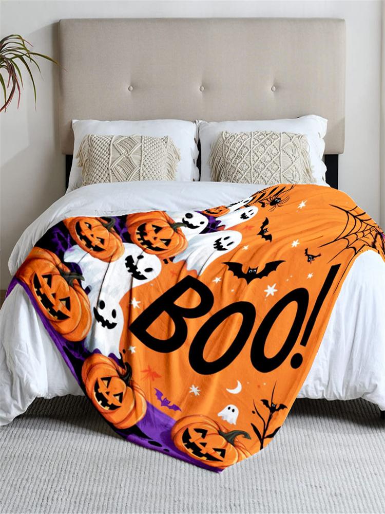 1 piece Halloween-themed orange flannel blanket, soft, suitable for sofa, bed, office, all-season use.