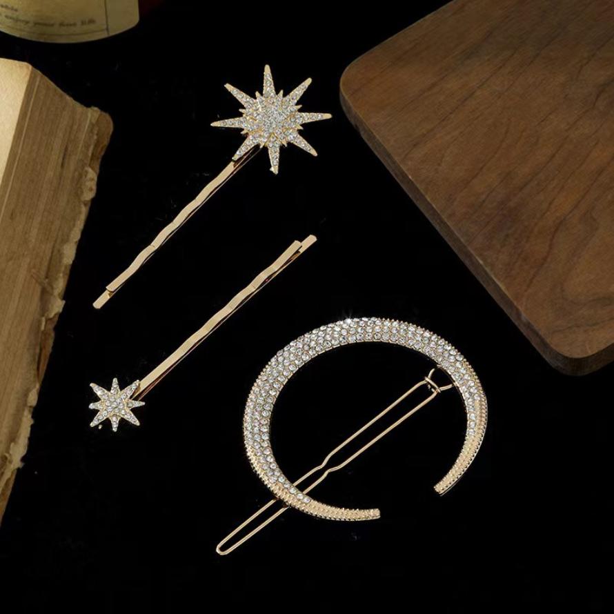 Women Crystal Side Hair Clip Pins Metal Hair Barrettes Girl Hair Accessories Stars Moon Rhinestone Clips Set Star Hairpins