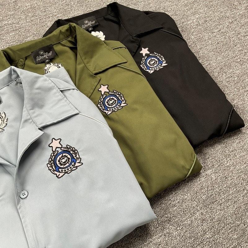 LUXEONClassic Black Letters Logo Embroidery Short Sleeved Shirts Men Women Casual Loose Shirt
