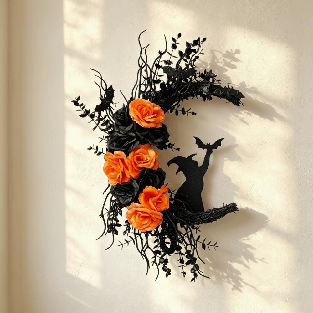 Plastic Cat Crow Wreath Hanging Ornaments Halloween Decoration Halloween Wreath  Door Hanging