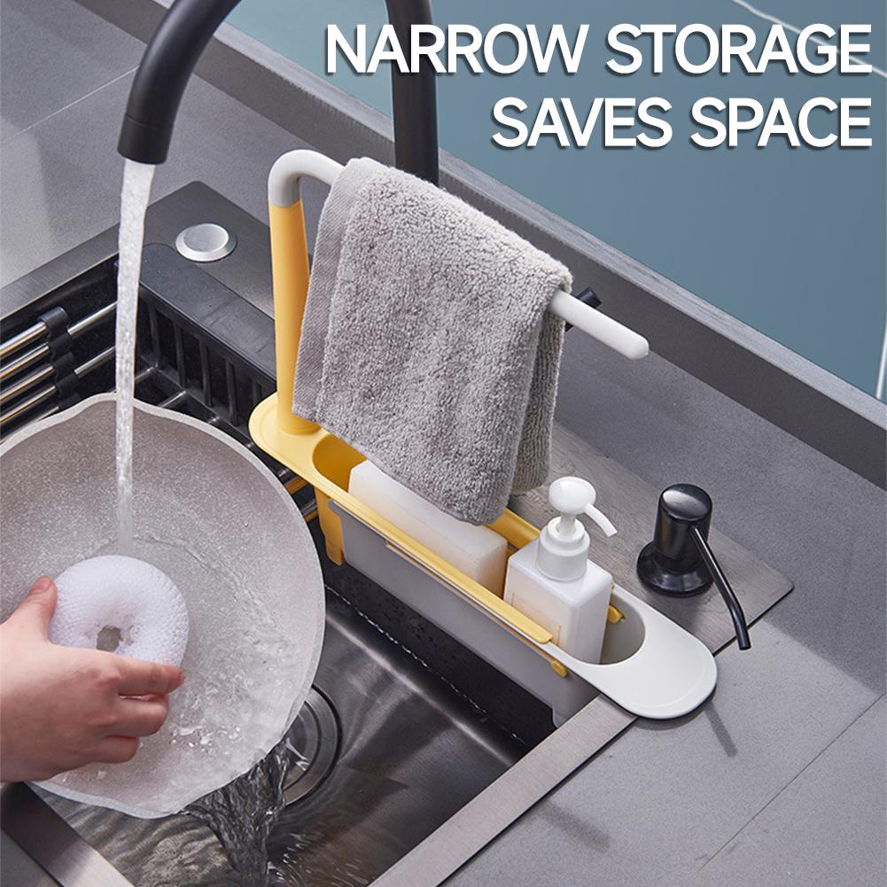 Multifunctional Telescopic Sink Caddy Drainable Kitchen Organizer with Towel Bar Expandable Sponge Soap Brush Holder
