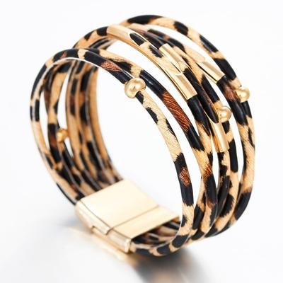 New Fashion Eleganckie wielowarstwowe Leopard Leather Wrap Szerokie bransoletki Bransoletki dla kobiet Biżuteria Prezenty