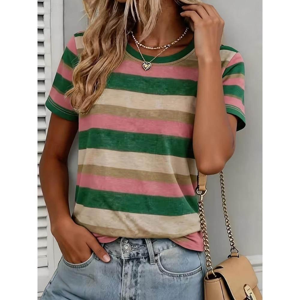 Women's T Shirt Print Graphic Striped Vintage Stylish Modern Short Sleeve Crew Neck Regular Tops Casual Daily Pink Summer Spring